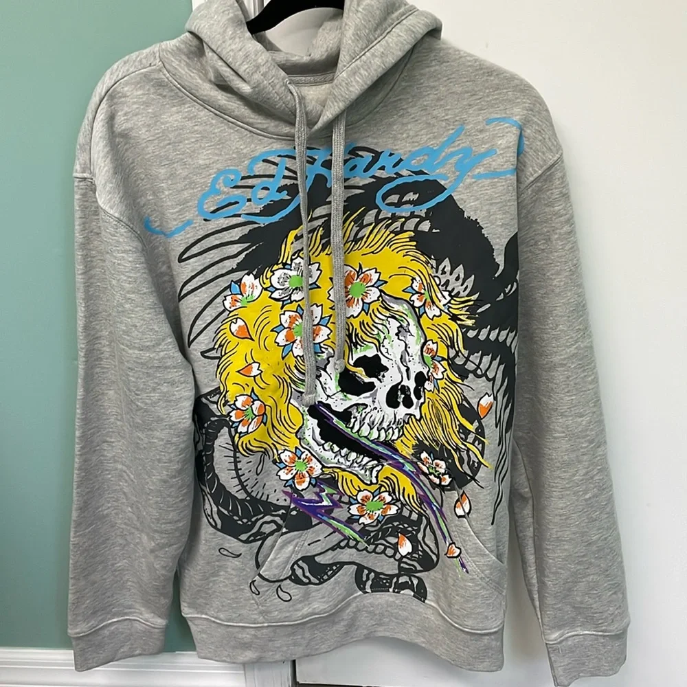 Ed Hardy Hoodie Size L Yellow Hair Skull Heather Grey Pullover Long Sleeve NEW